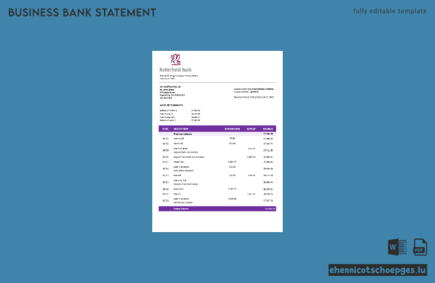 Butterfield Bankorganisation – Kontoauszug im Word- und PDF-Format (Beispielvorschau)